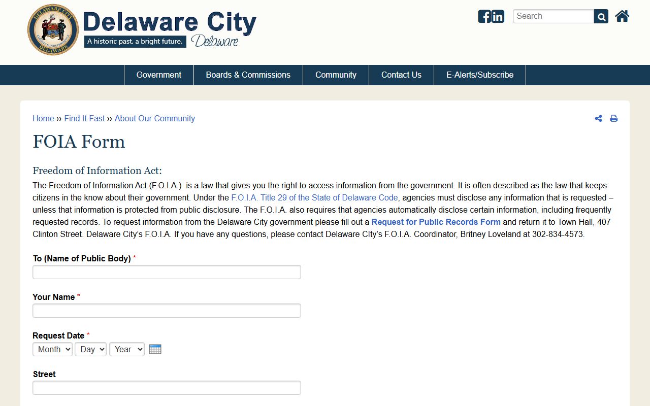 Delaware City FOIA form for 72 Hour Booking requests