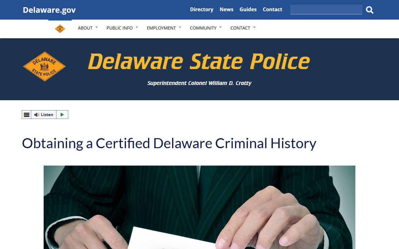 Delaware State Police background check page linked to 72 Hour Booking