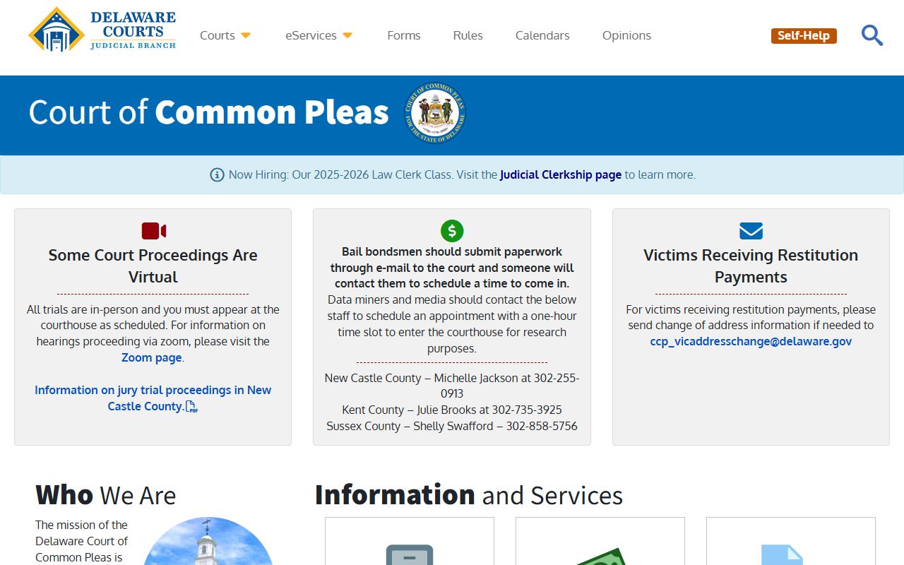 Delaware Court of Common Pleas page for 72 Hour Booking matters