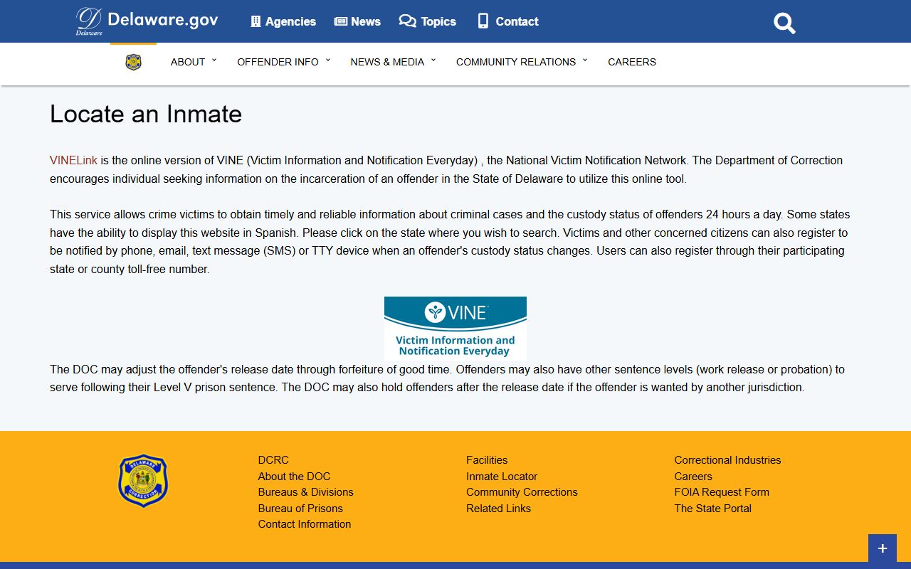 Delaware DOC 72 Hour Booking inmate locator portal