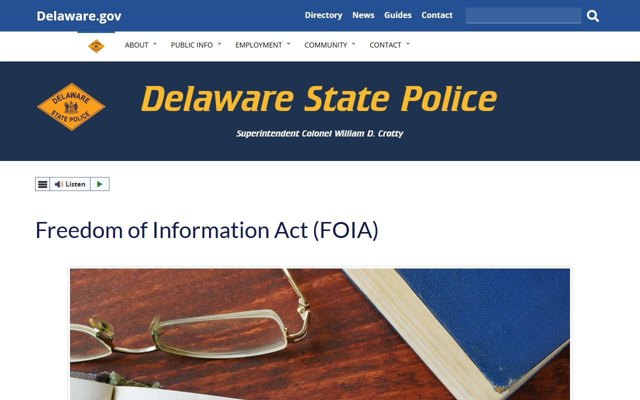 Delaware State Police FOIA page for 72 Hour Booking file requests