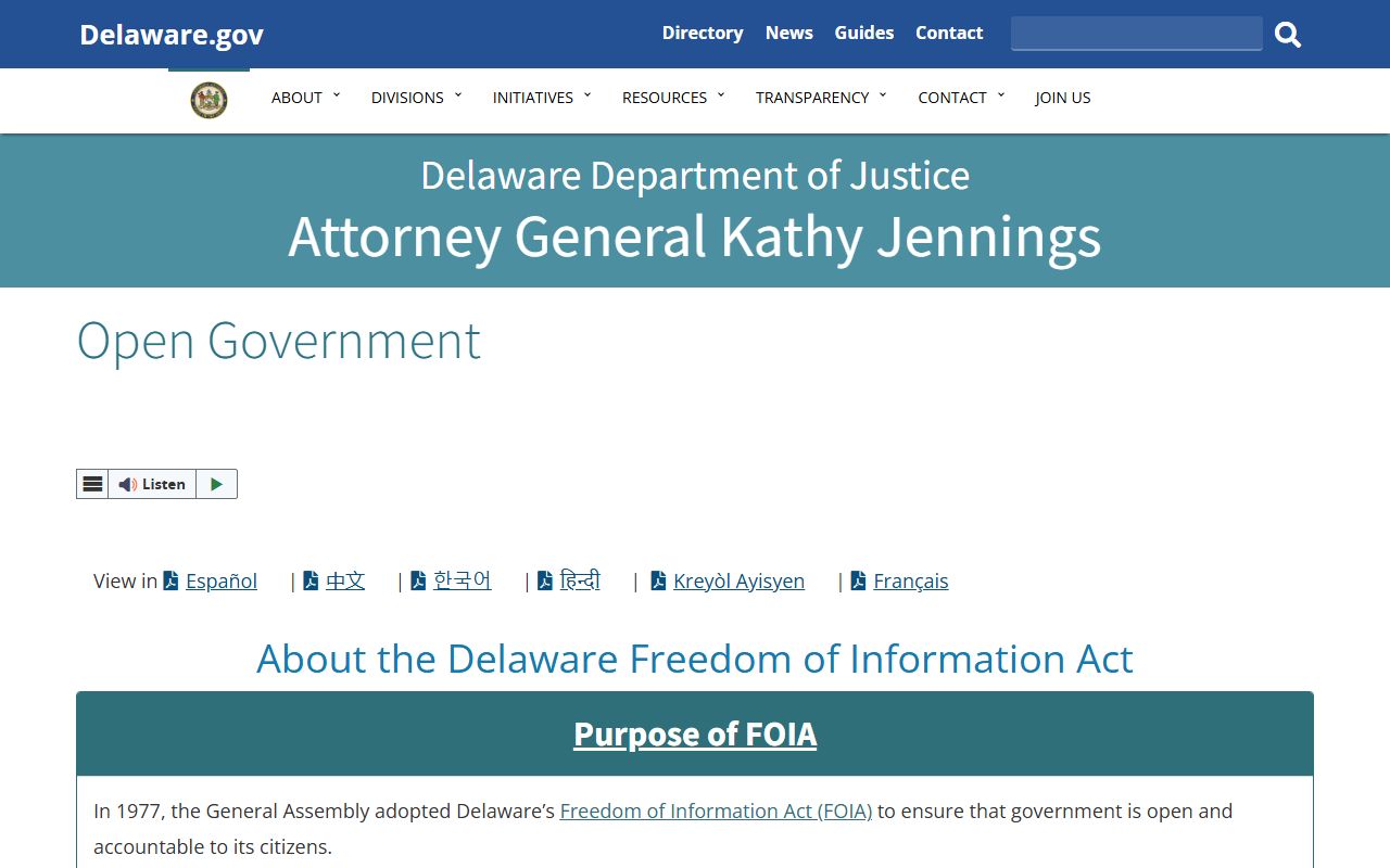 Delaware Open Government FOIA portal for 72 Hour Booking data