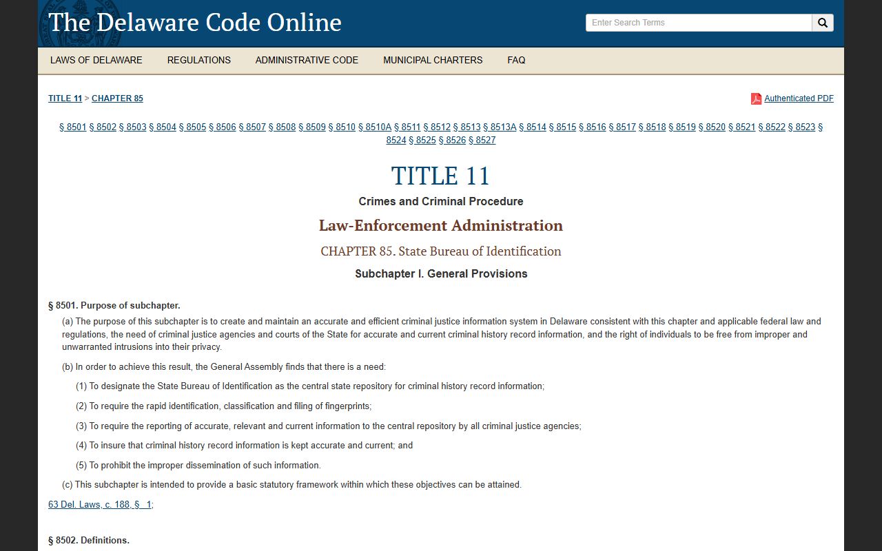 Title 11 Delaware statutes page for 72 Hour Booking records