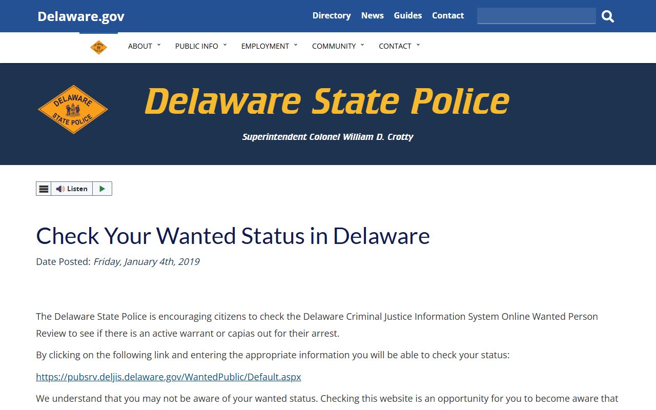 Delaware State Police wanted status check for 72 Hour Booking